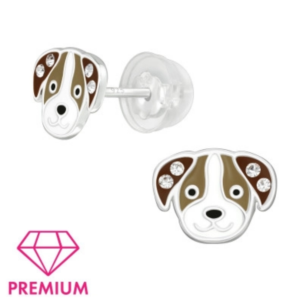 Silver Dog Ear Studs with Crystal and Epoxy